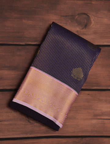 Purple Soft Semi Silk Checked Kanjivaram Saree with Pink Korvai Zari Border