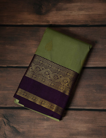 Pastel Green Soft Semi Silk Kanjivaram Saree with Purple Korvai Zari Border