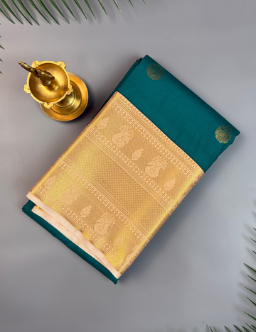 Emerald Green Soft Semi Silk Kanchipuram Saree with Rich Gold Zari Korvai Border