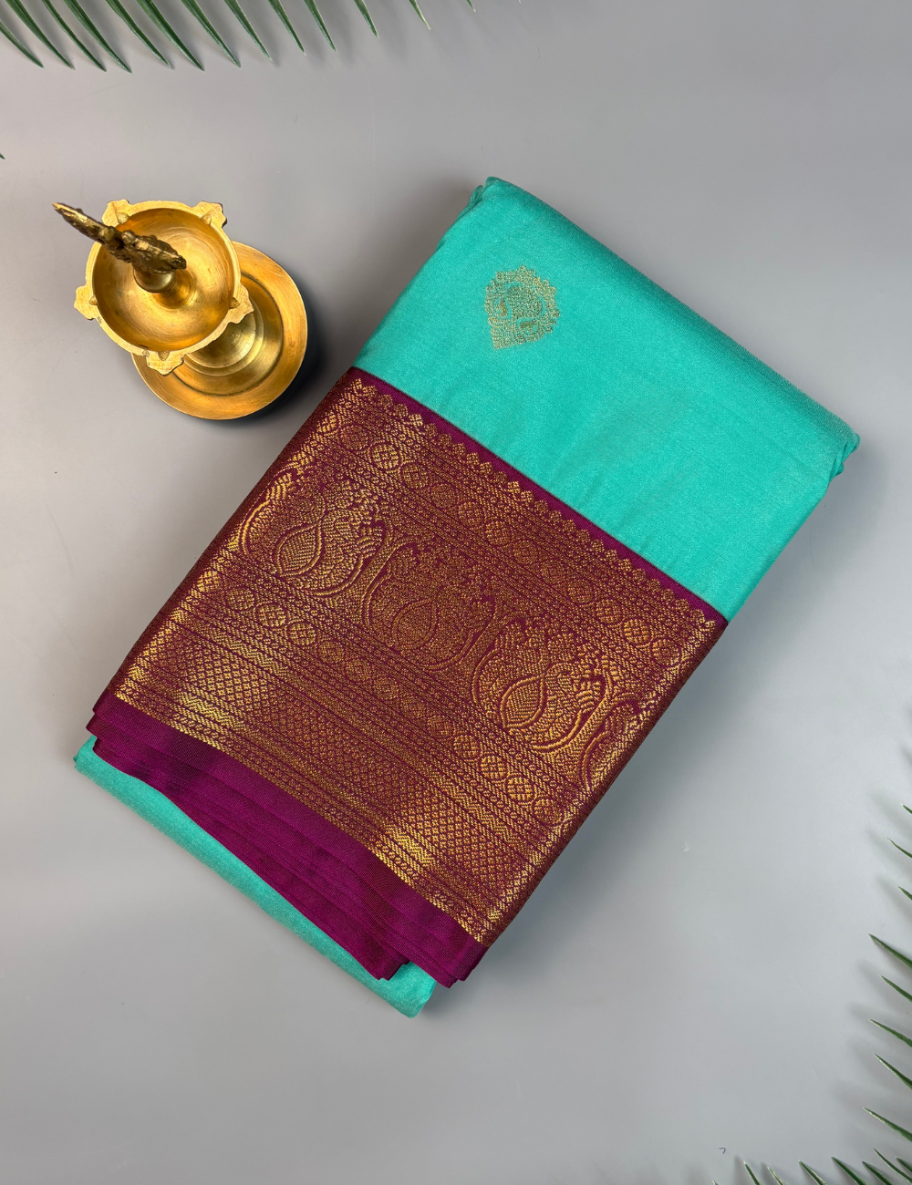 Aqua Blue Soft Semi Silk Kanjivaram Saree with Korvai Rich Magenta Zari Border