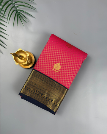 Rani Pink Gold Soft Kanjivaram Semi Silk with Korvai Navy Border Saree