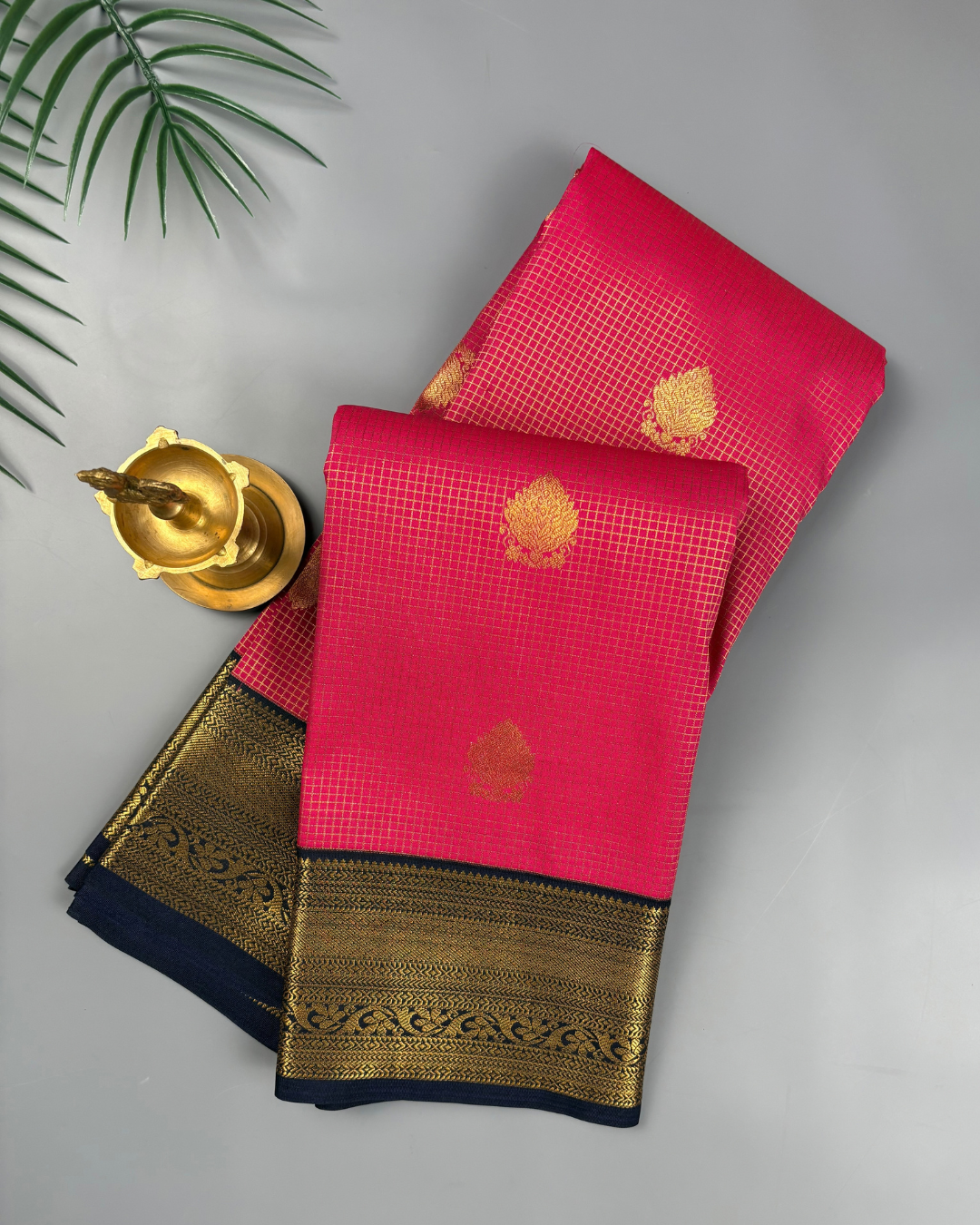 Rani Pink Gold Soft Kanjivaram Semi Silk with Korvai Navy Border Saree