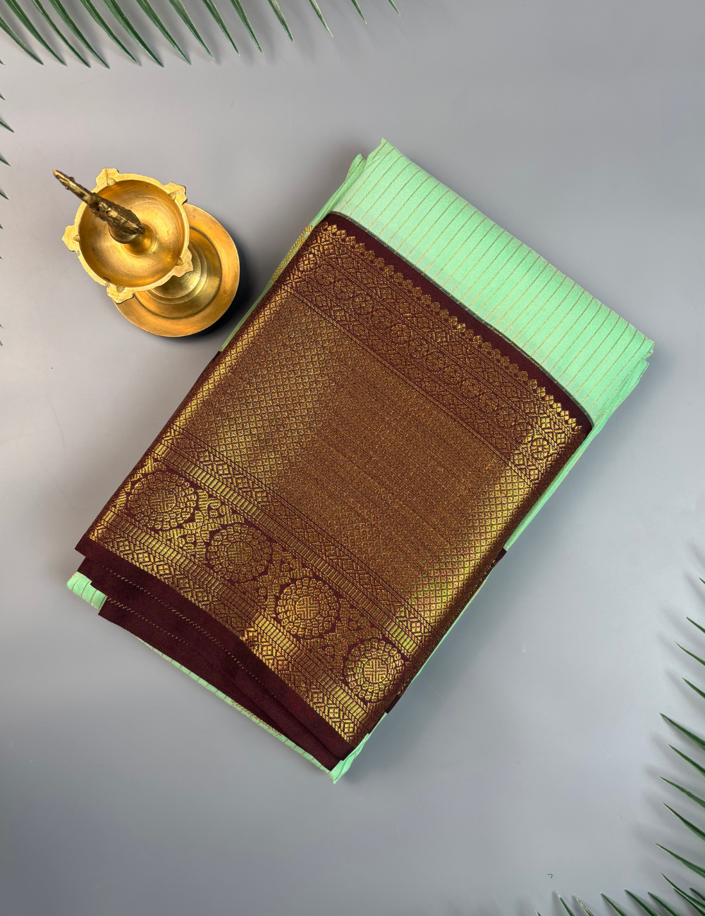 Pastel Mint Green Soft Kanjivaram Semi Silk Saree with Brown Zari Border