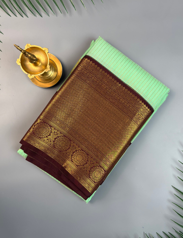 Pastel Mint Green Soft Kanjivaram Semi Silk Saree with Brown Zari Border
