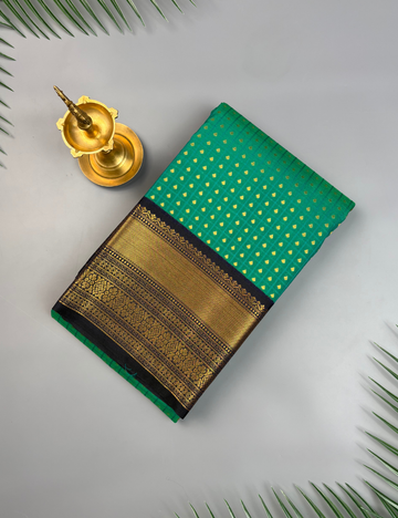 Emerald Green Soft Semi Silk Kanjivaram Saree with Dark Navy Zari Korvai Border