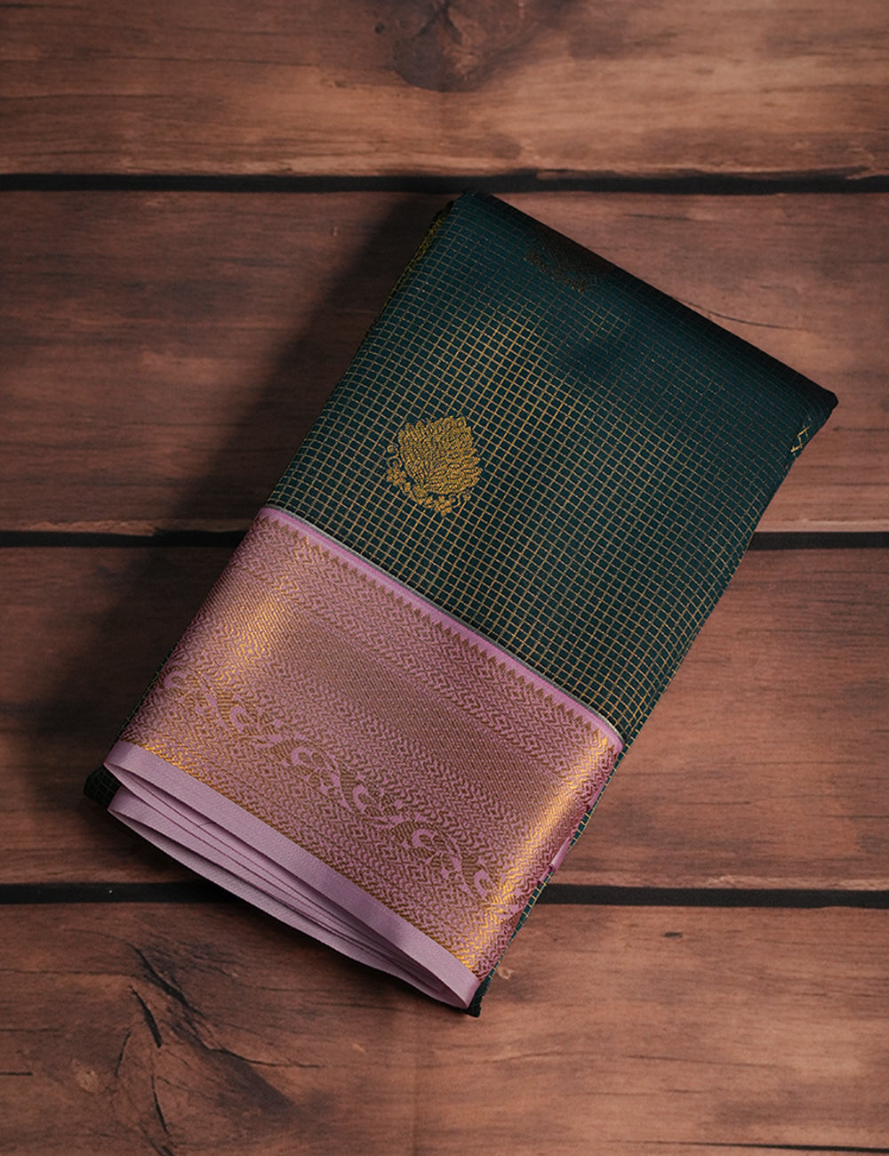 Dark Green Soft Semi Silk Kanjivaram Checked Saree with Elegant Pink Korvai Zari Border
