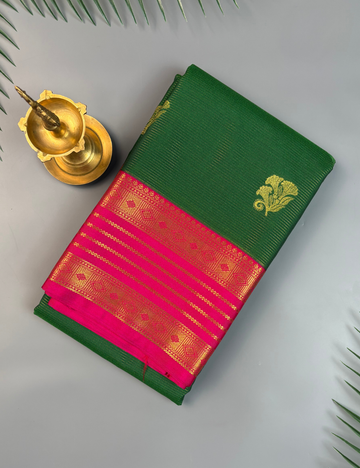 Emerald Green Soft Semi Silk Kanjivaram Saree with traditional Korvai Rani Pink Border