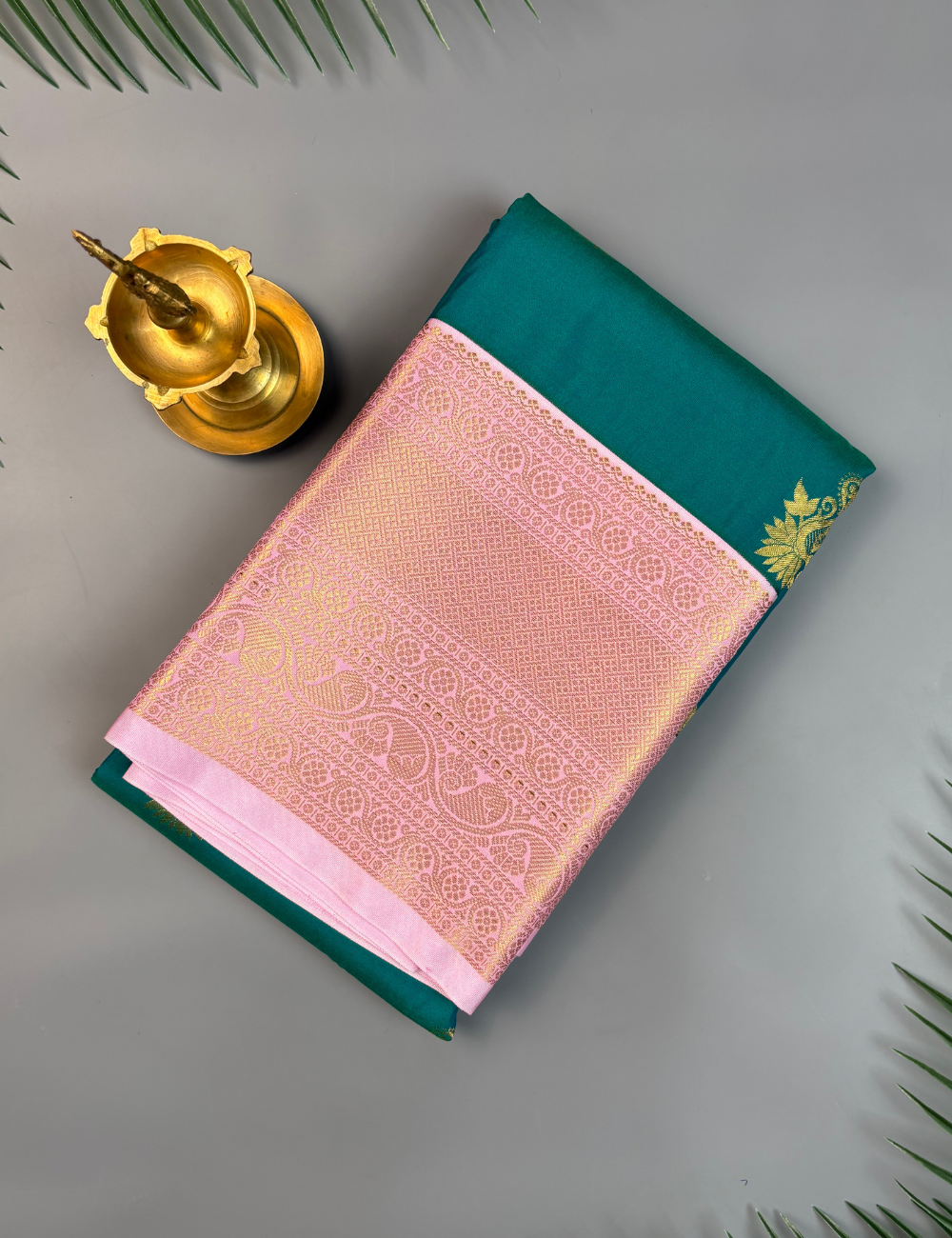 Teal Green Soft Semi Silk Kanjivaram Saree with Elegant Rose Korvai Zari Border