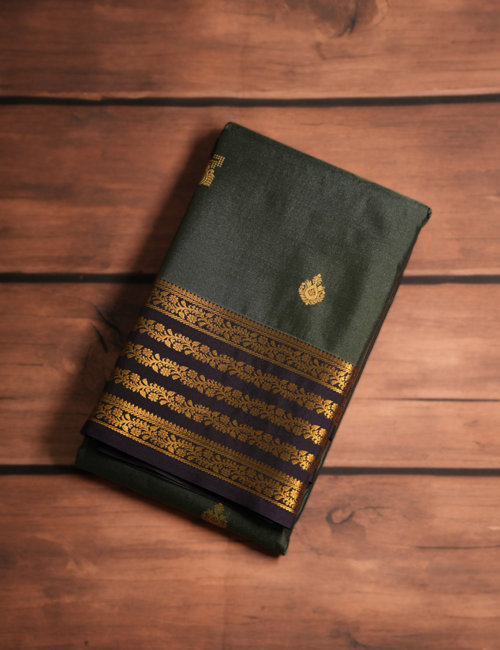 Forest Green Soft Semi Silk Kanjivaram Saree with Dark Plum Zari Border