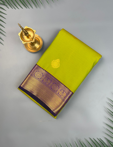Light green soft semi silk kanjivaram saree with violet zari korvai border