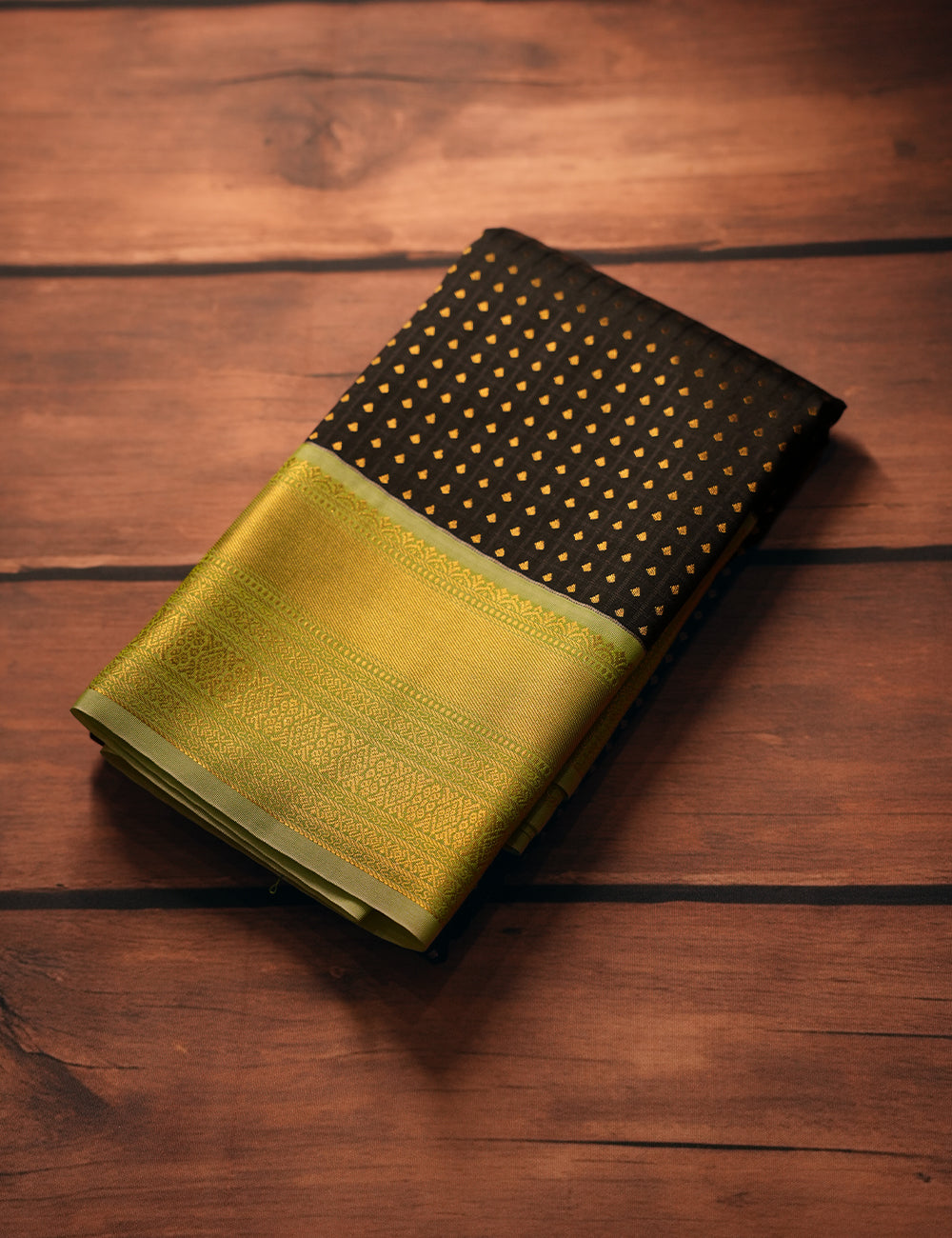 Black Soft Semi Silk Kanjivaram Saree with Pastel Green Korvai Zari Border