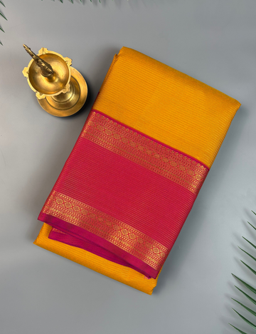 Mustard Yellow Soft Semi Silk Kanjivaram Saree with Magenta Pink Gold Zari Border