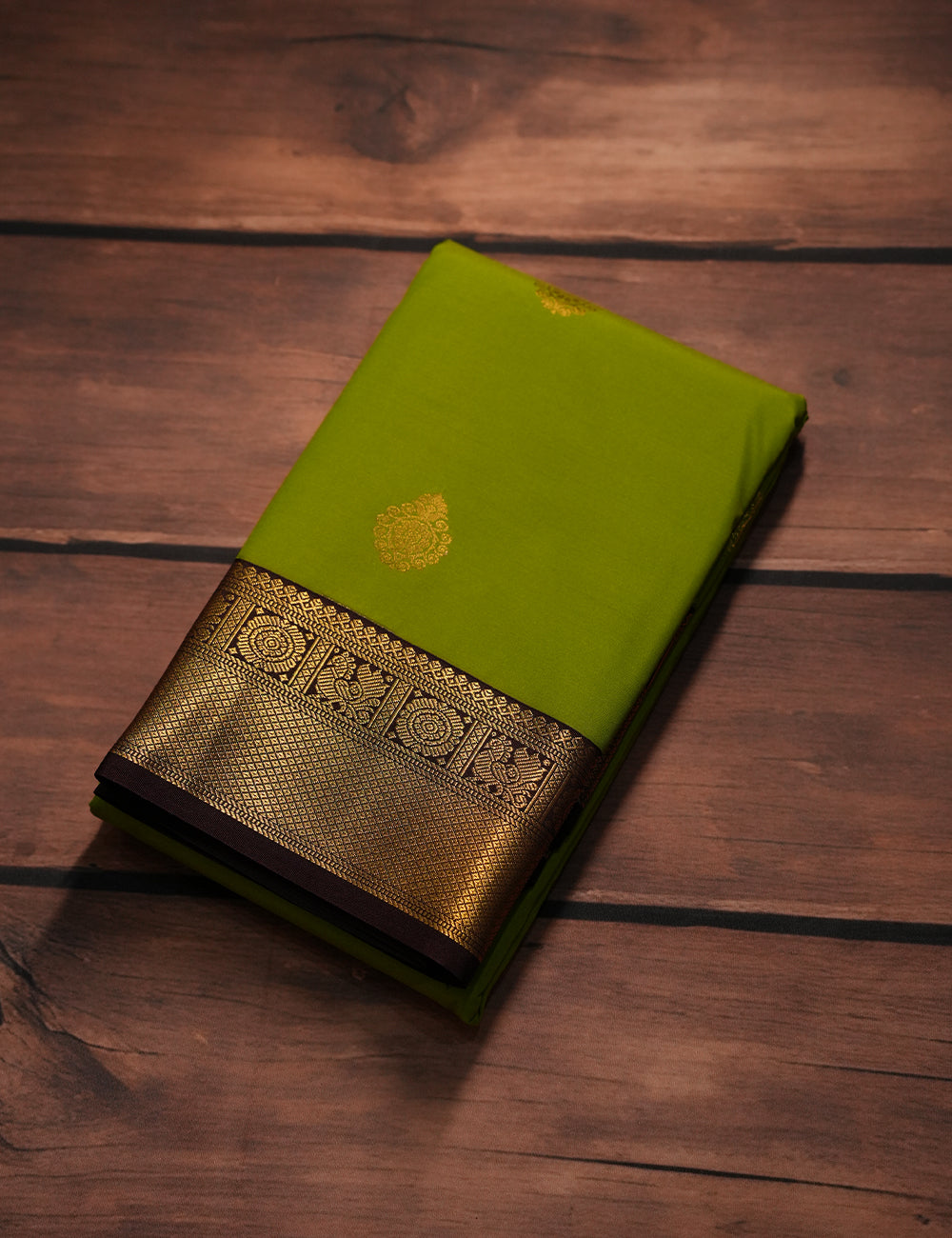 Parrot Green Soft Semi Silk Kanjivaram with Deep brown Border