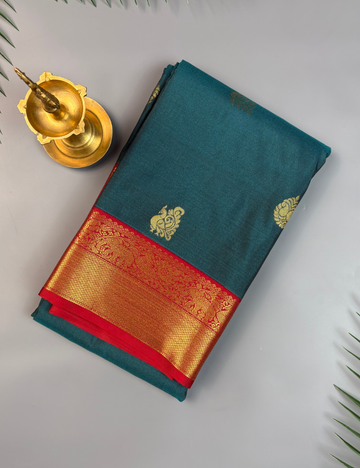 Peacock Blue Soft Semi Silk Kanjivaram Saree with Red Korvai Zari Border