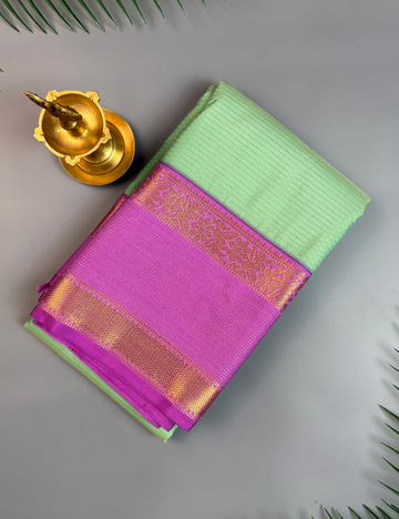 Sea Green Soft Semi Silk Kanjivaram Saree with Lavender Korvai Zari Border