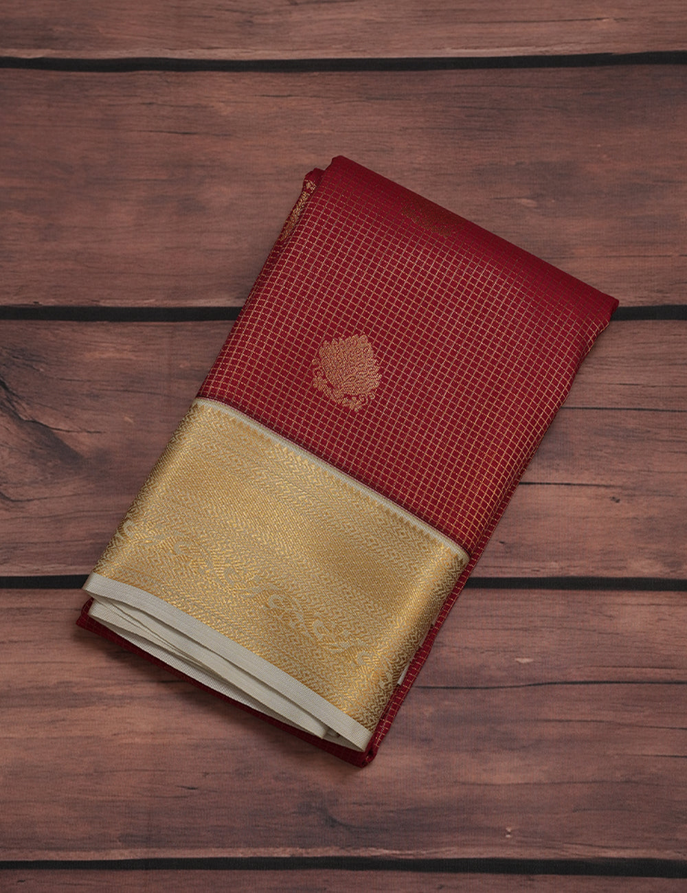 Deep Maroon Soft Semi Silk Checked Kanjivaram Saree with Half White Korvai Zari Border