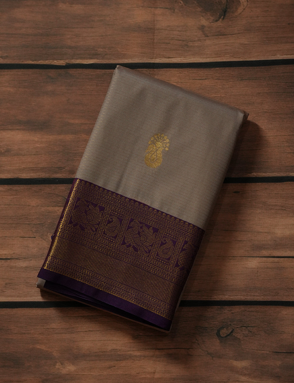 Muted Beige Soft Semi Silk Kanjivaram Saree with Rich Purple Korvai Zari Border