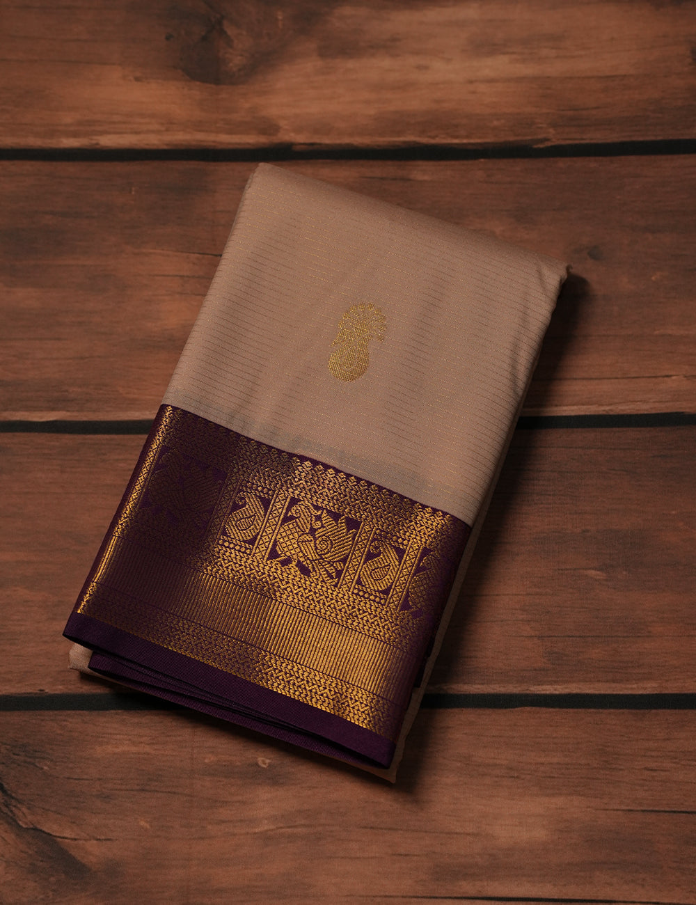 Elegant Beige Soft Semi Silk Kanjivaram Saree with Royal Purple Zari Border
