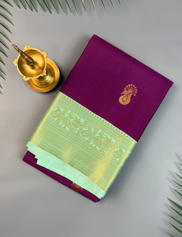 Magenta Soft Semi Silk Kanchipuram Saree with Pastel Green Gold Zari Border