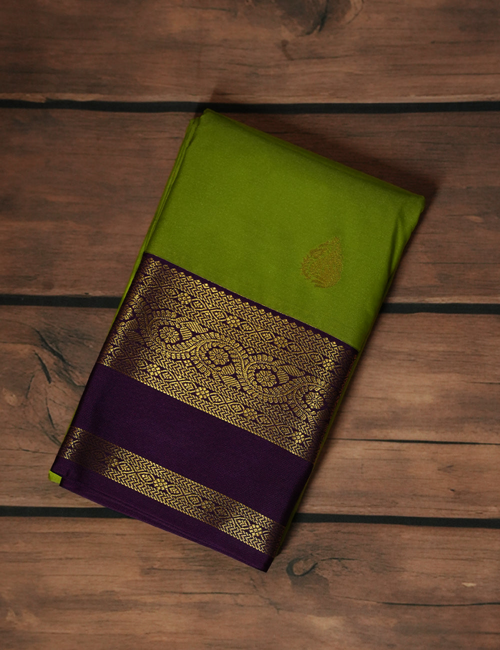 Leaf Green Soft Semi Silk Kanjivaram Saree with Rich Purple Korvai Zari Border