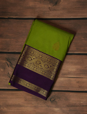 Leaf Green Soft Semi Silk Kanjivaram Saree with Rich Purple Korvai Zari Border