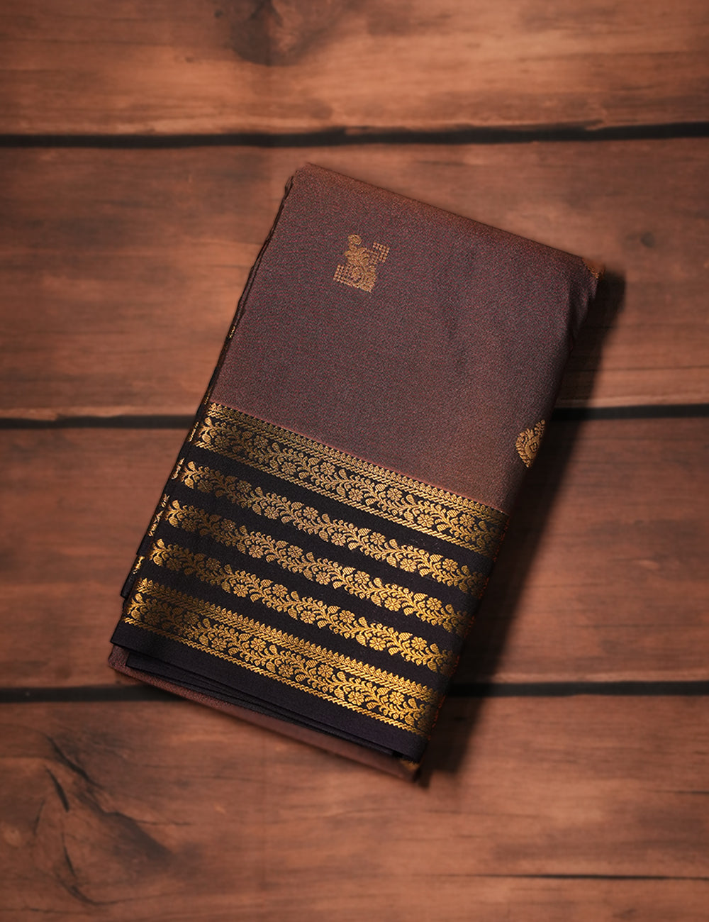 Cocoa Brown Soft Semi Silk Kanjivaram Saree with Plum Blue Korvai Zari Border