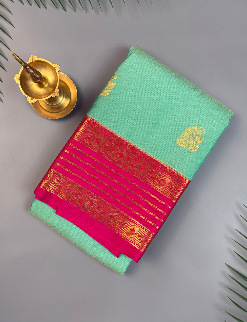 Sea Blue Soft Semi Silk Kanjivaram Saree with Rani Rose Korvai Gold Zari Border