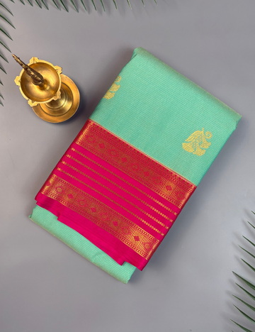 Sea Blue Soft Semi Silk Kanjivaram Saree with Rani Rose Korvai Gold Zari Border