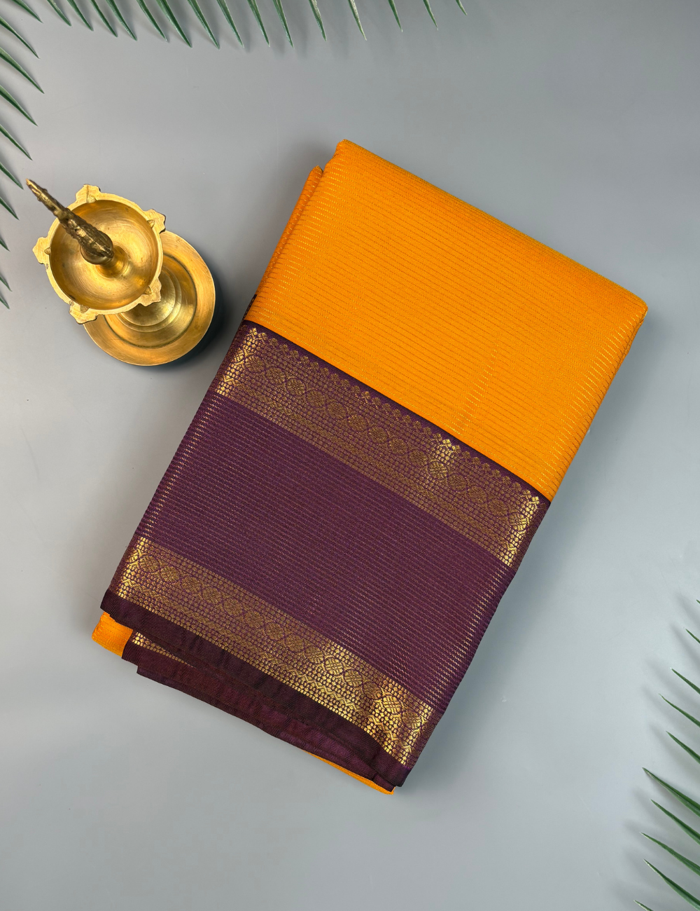 Mustard Yellow Soft Semi Silk Kanjivaram Saree with Purple Rette Pettu Zari Border