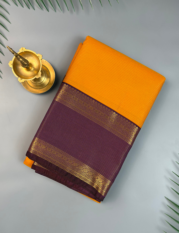 Mustard Yellow Soft Semi Silk Kanjivaram Saree with Purple Rette Pettu Zari Border