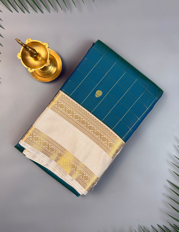 Teal Blue Soft Semi Silk Kanjivaram Saree with Half white Korvai Zari Border