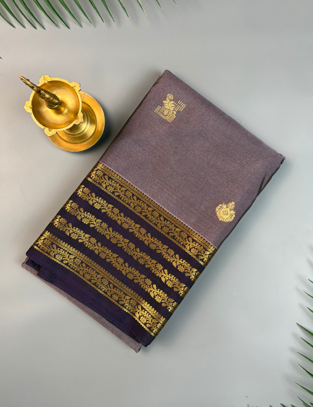 Muted Purple Soft Semi Silk Kanjivaram Saree with Dark Navy Zari Border