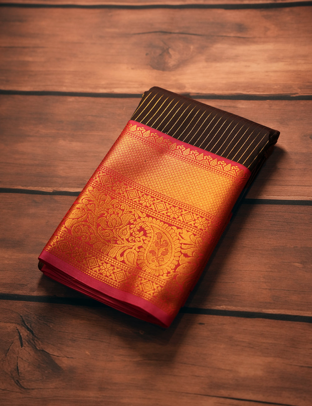 Black Soft Semi Silk Kanjivaram Saree with Body Lines and Rich Rose Zari Border