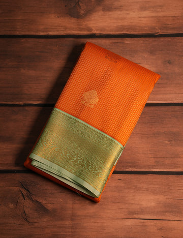 Orange Soft Semi Silk Checked Kanjivaram Saree with Powdered Blue Korvai Zari Border