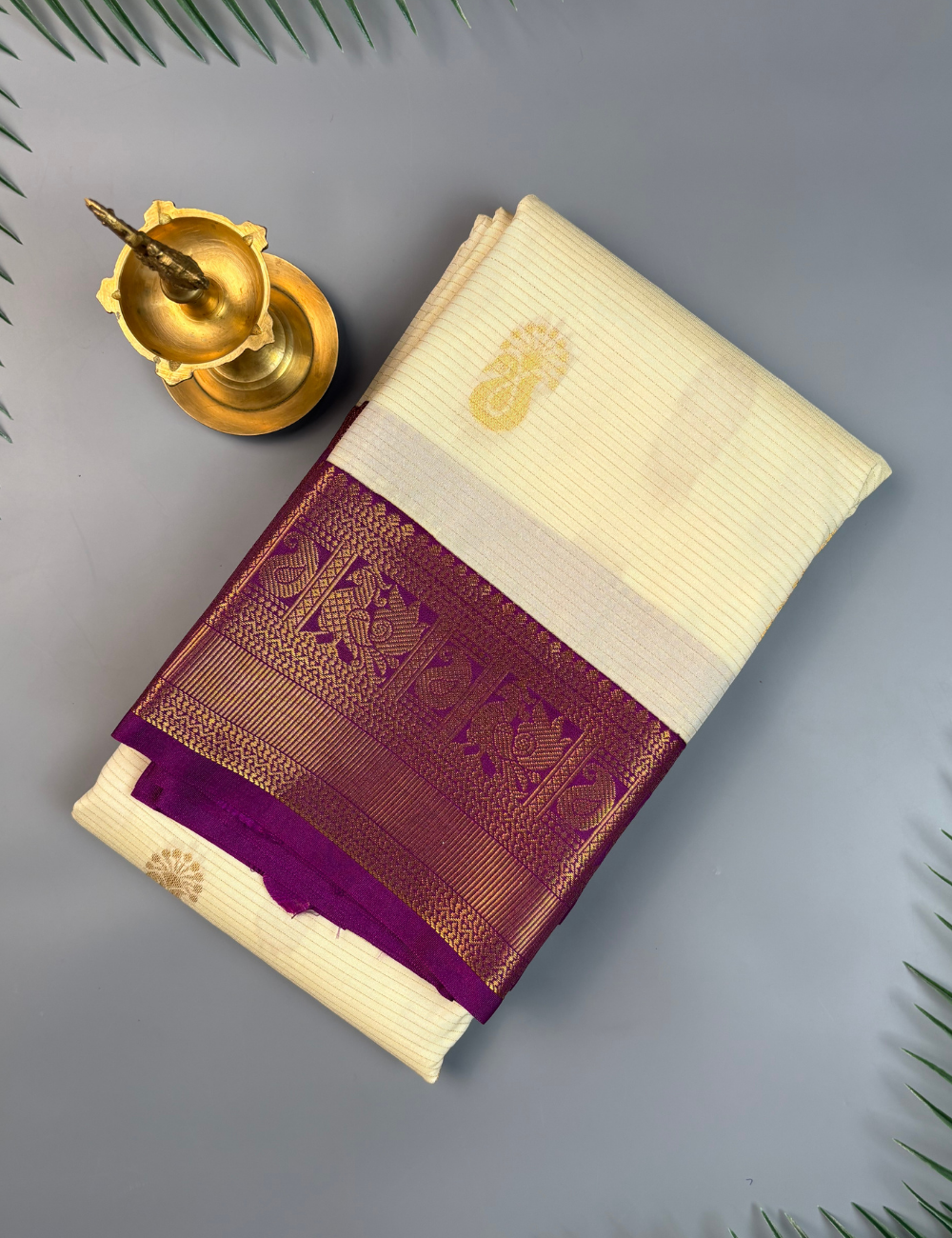 Cream White Semi Silk Kanjivaram Saree with Purple Border