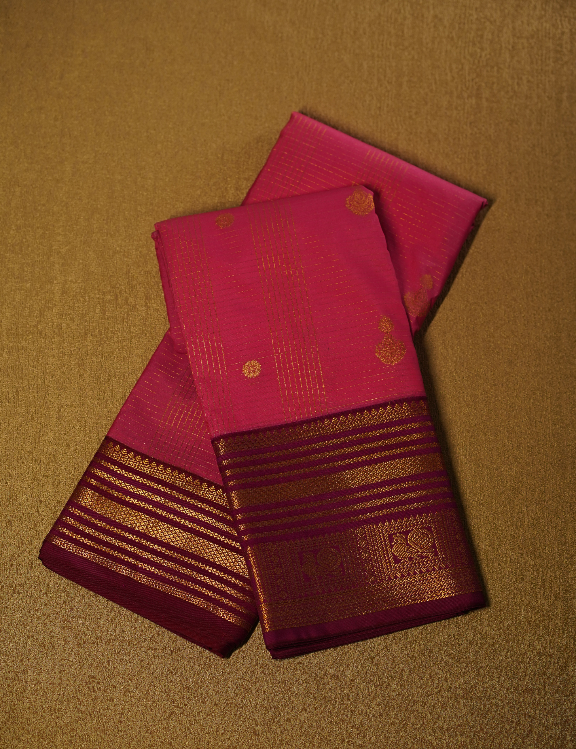 Rani Pink Soft Semi Silk Kanjivaram Saree with Deep Purple Korvai Border