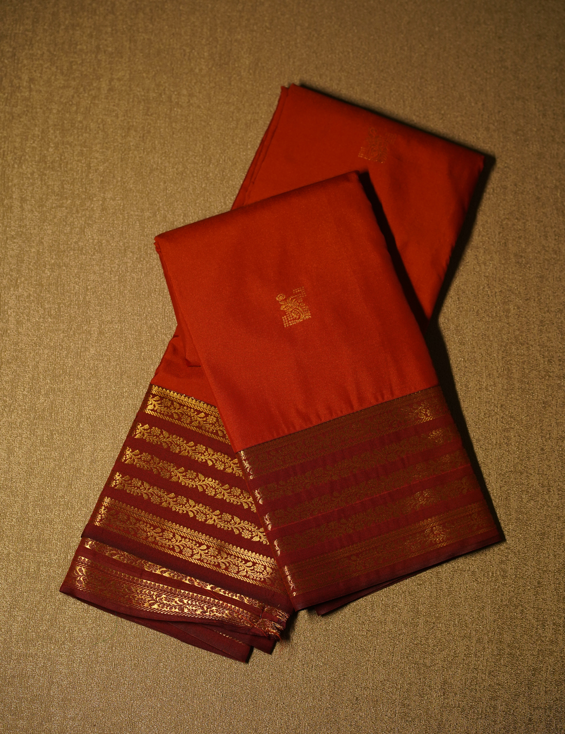 Traditional Rust Orange Semi Silk Kanchipuram Saree with Gold Zari Floral Border