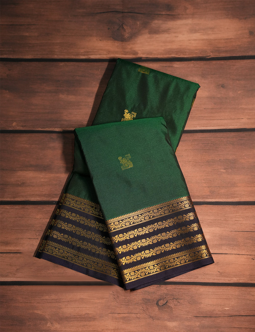 Emerald Green Soft Semi Silk Kanjivaram Saree with Plum Blue Zari Border
