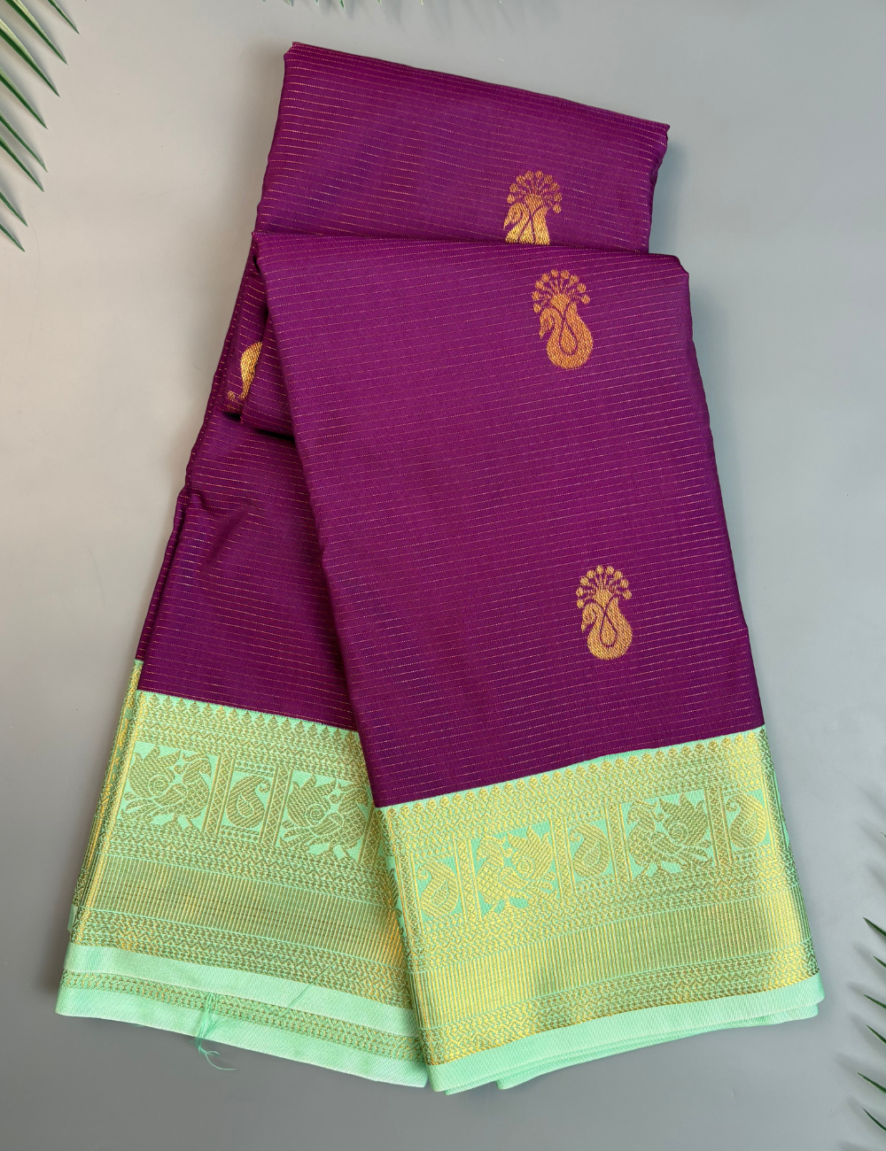 Magenta Soft Semi Silk Kanchipuram Saree with Pastel Green Gold Zari Border