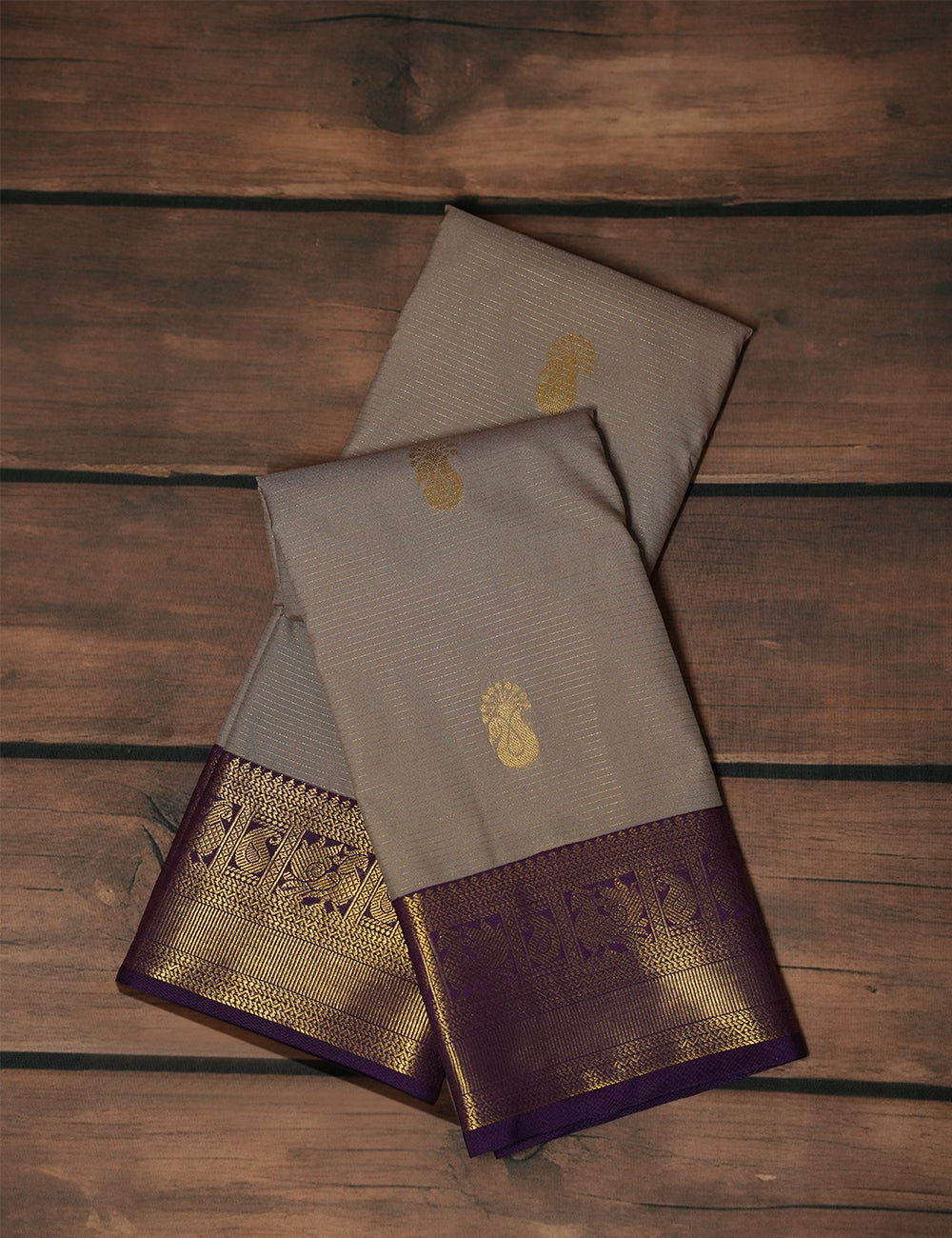 Muted Beige Soft Semi Silk Kanjivaram Saree with Rich Purple Korvai Zari Border