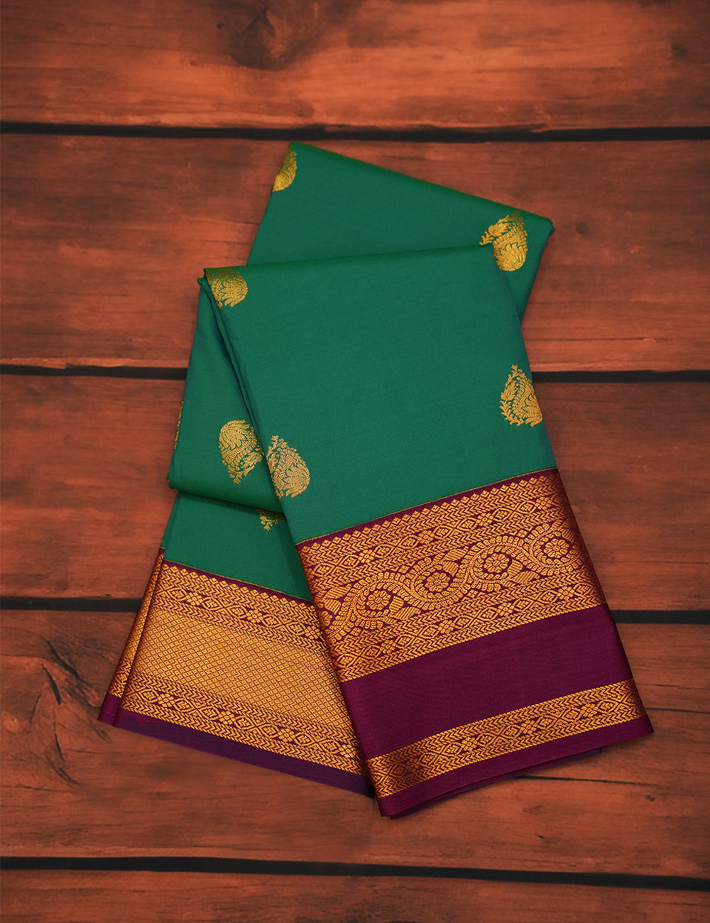 Emerald Green Soft Semi Silk Kanjivaram Saree with Purple Korvai Zari Border