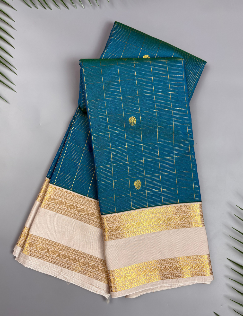 Teal Blue Soft Semi Silk Kanjivaram Saree with Half white Korvai Zari Border