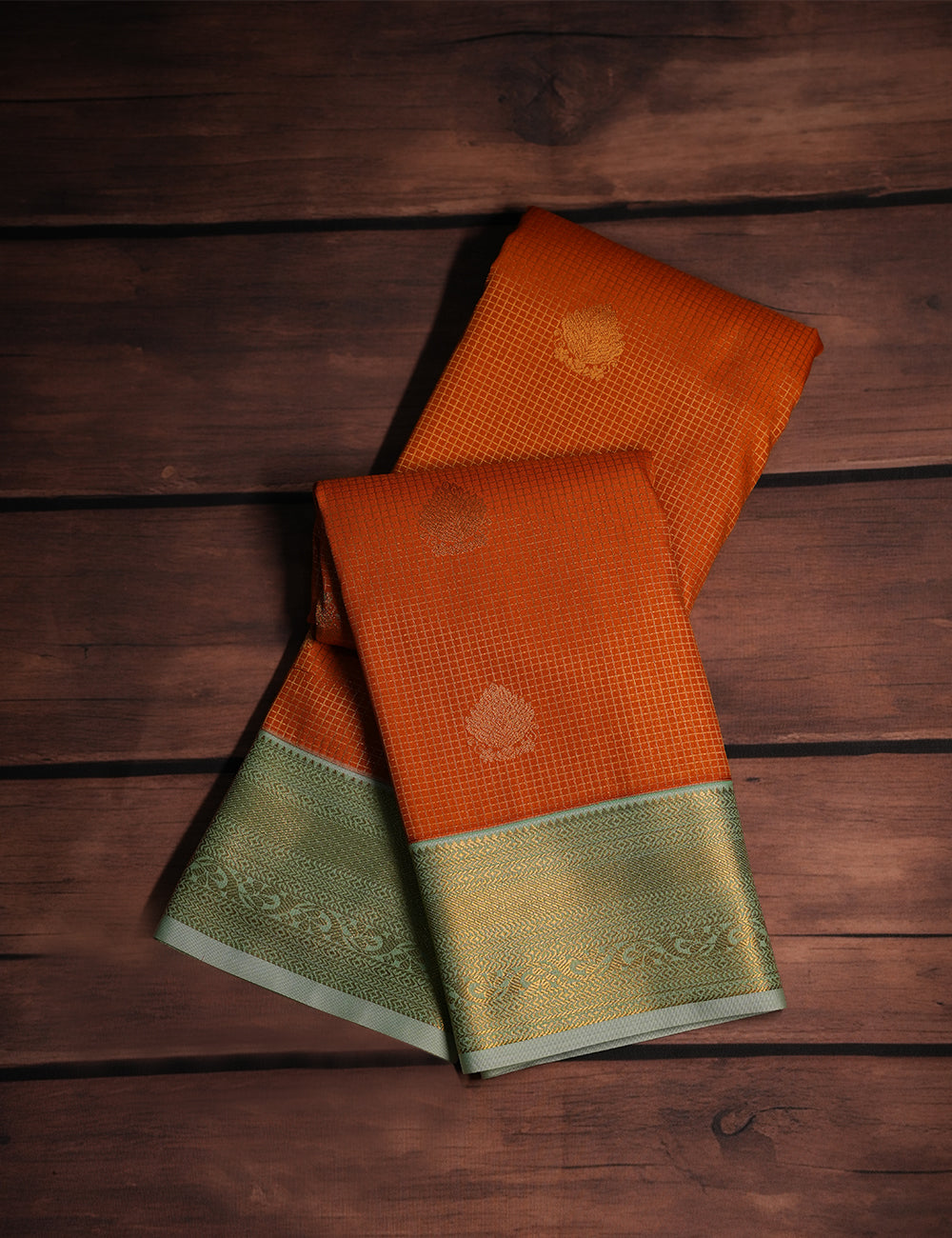 Orange Soft Semi Silk Checked Kanjivaram Saree with Powdered Blue Korvai Zari Border