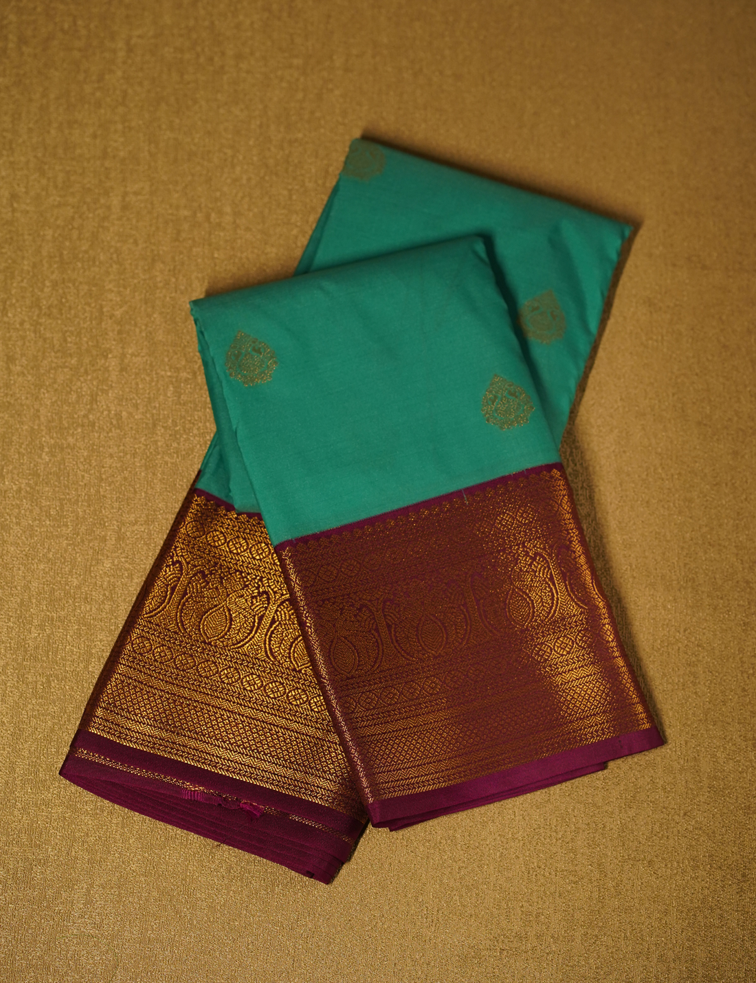 Sea Green Soft Semi Silk Kanjivaram Saree with Korvai Rich Magenta Zari Border