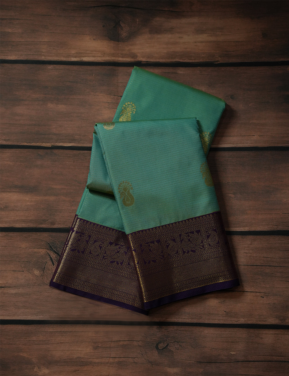 Sea Green Soft Semi Silk Kanjivaram Saree with Rich Purple Korvai Zari Border