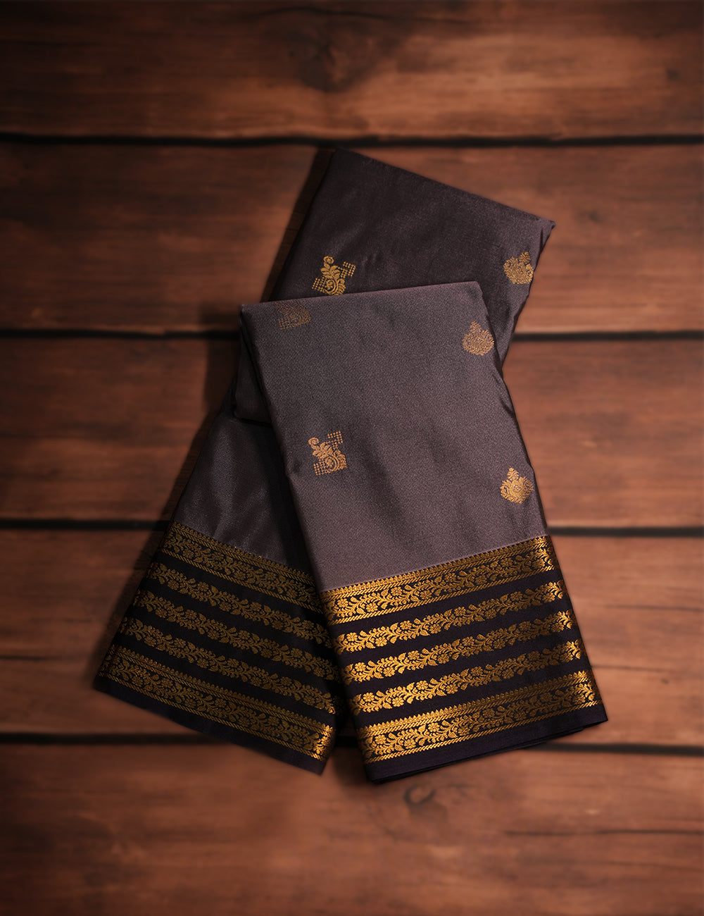 Muted Purple Soft Semi Silk Kanjivaram Saree with Dark Navy Zari Border