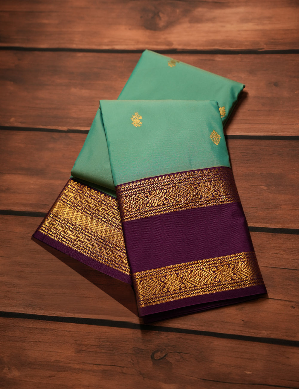Sea Green Semi Silk Soft Kanjivaram Saree with Royal Purple Retta Pettu Border