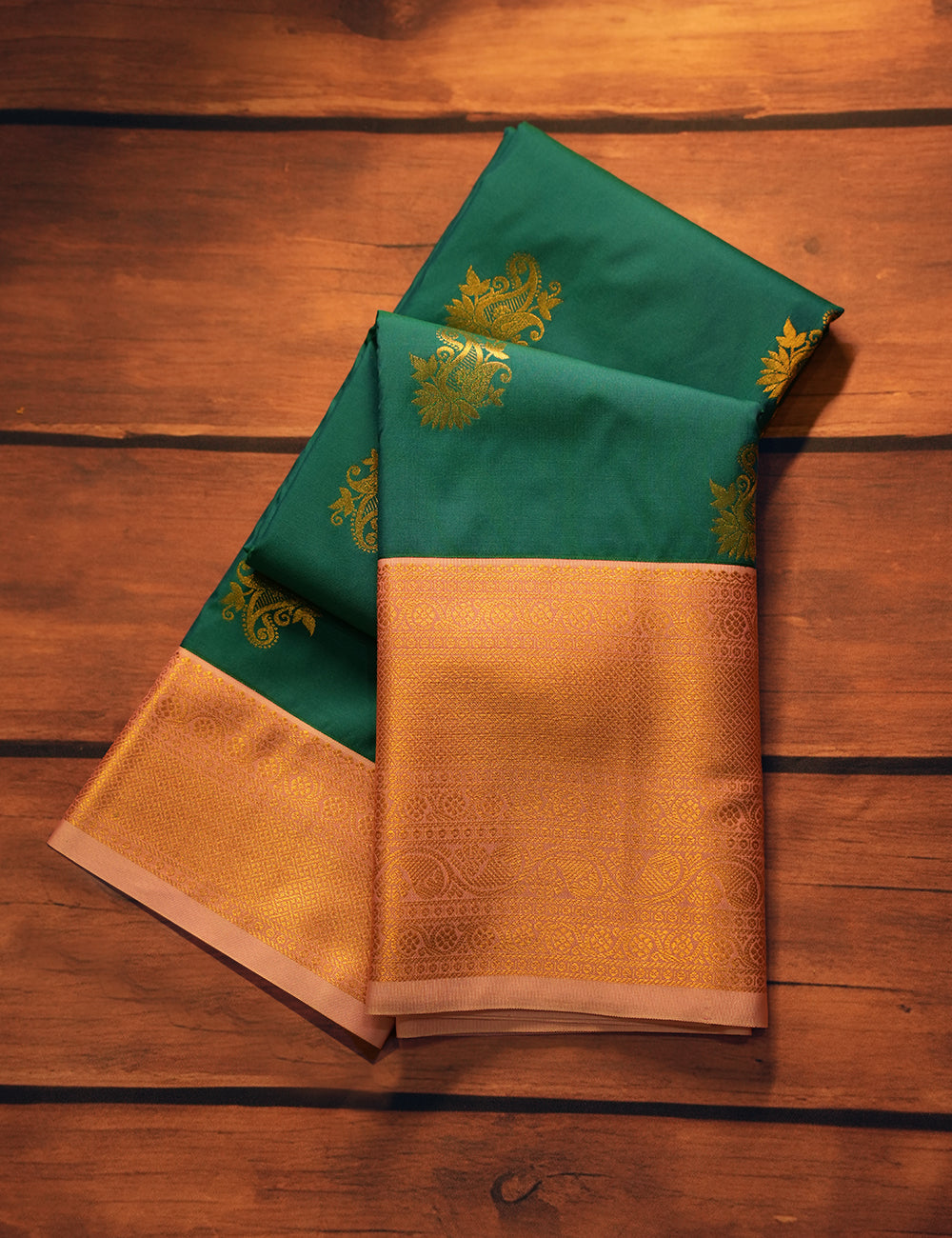 Teal Green Soft Semi Silk Kanjivaram Saree with Elegant Rose Korvai Zari Border
