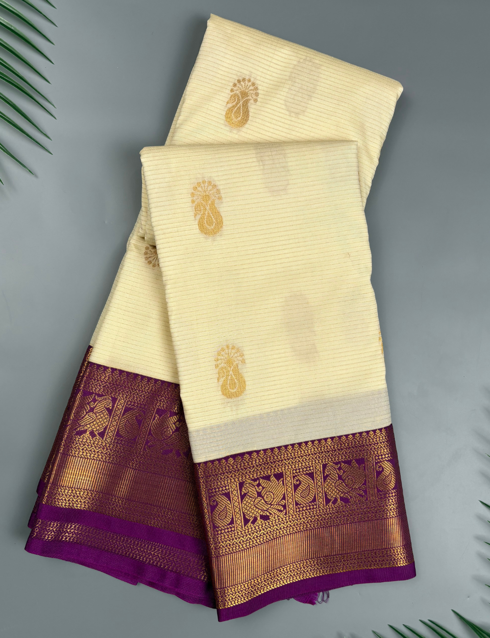 Cream White Semi Silk Kanjivaram Saree with Purple Border
