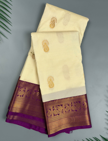 Cream White Semi Silk Kanjivaram Saree with Purple Border